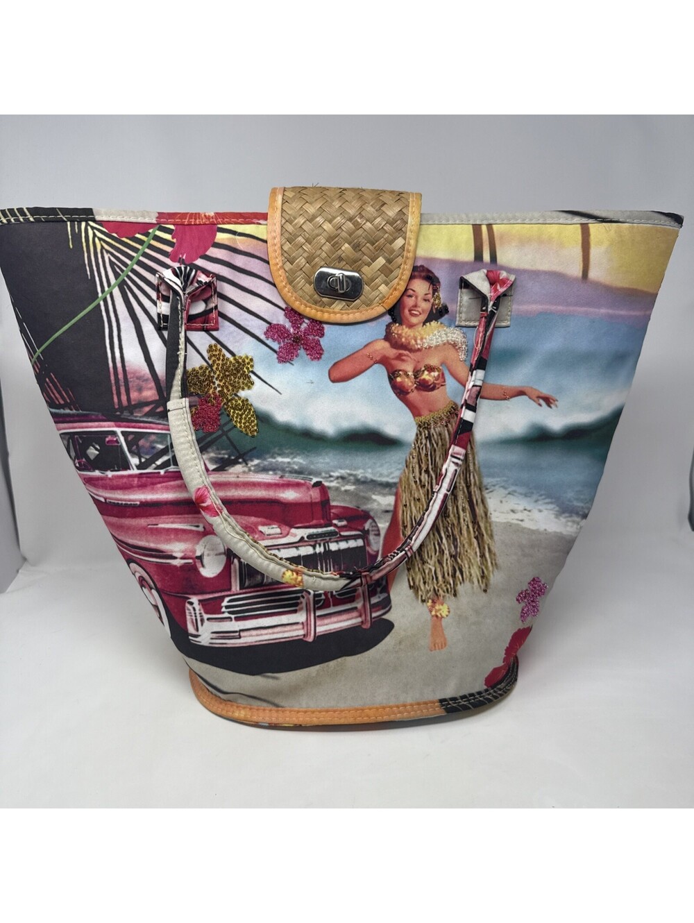 Vintage Beach Tote Bag With Hula Girl Handmade